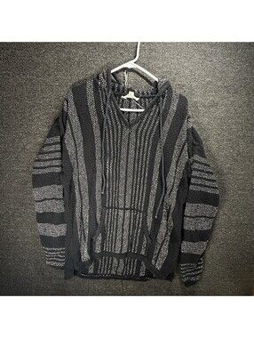 Lovestitch Black White Striped Baja Hoodie Sweater Pocket Large